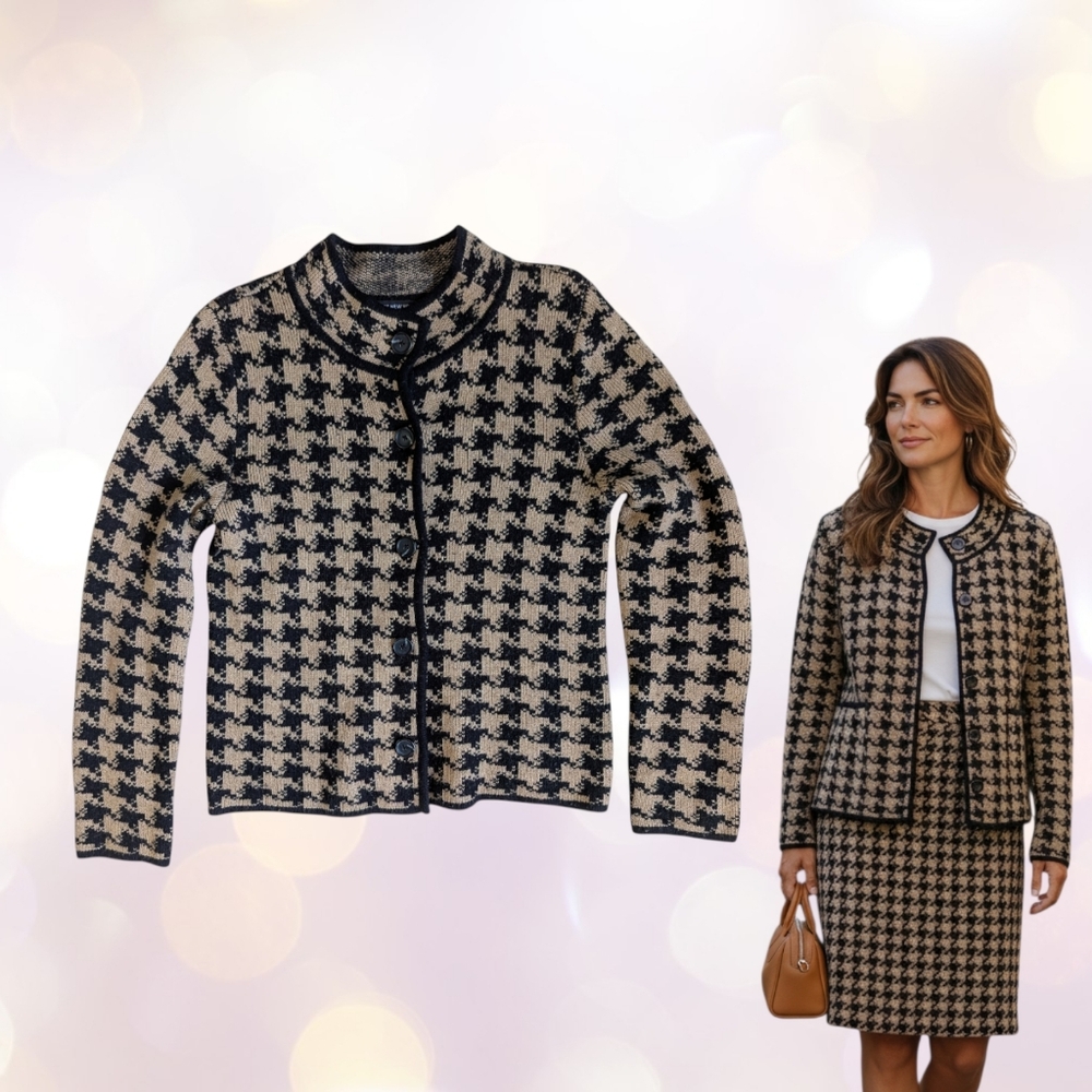 SOLD Jones New York Wool Blend Tan/Black Houndstooth Mock Neck Cardigan Size S - Picture 1 of 6